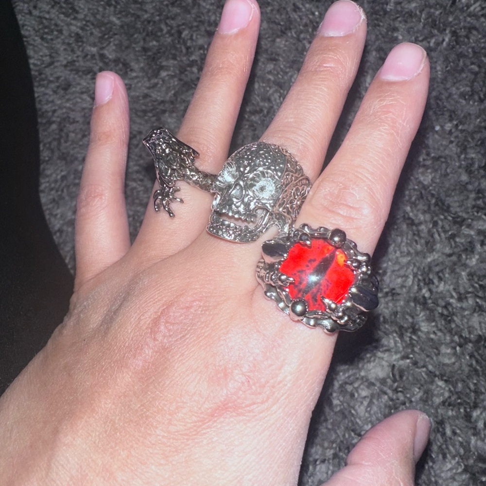Silver Skull and Red Stone Ring Set